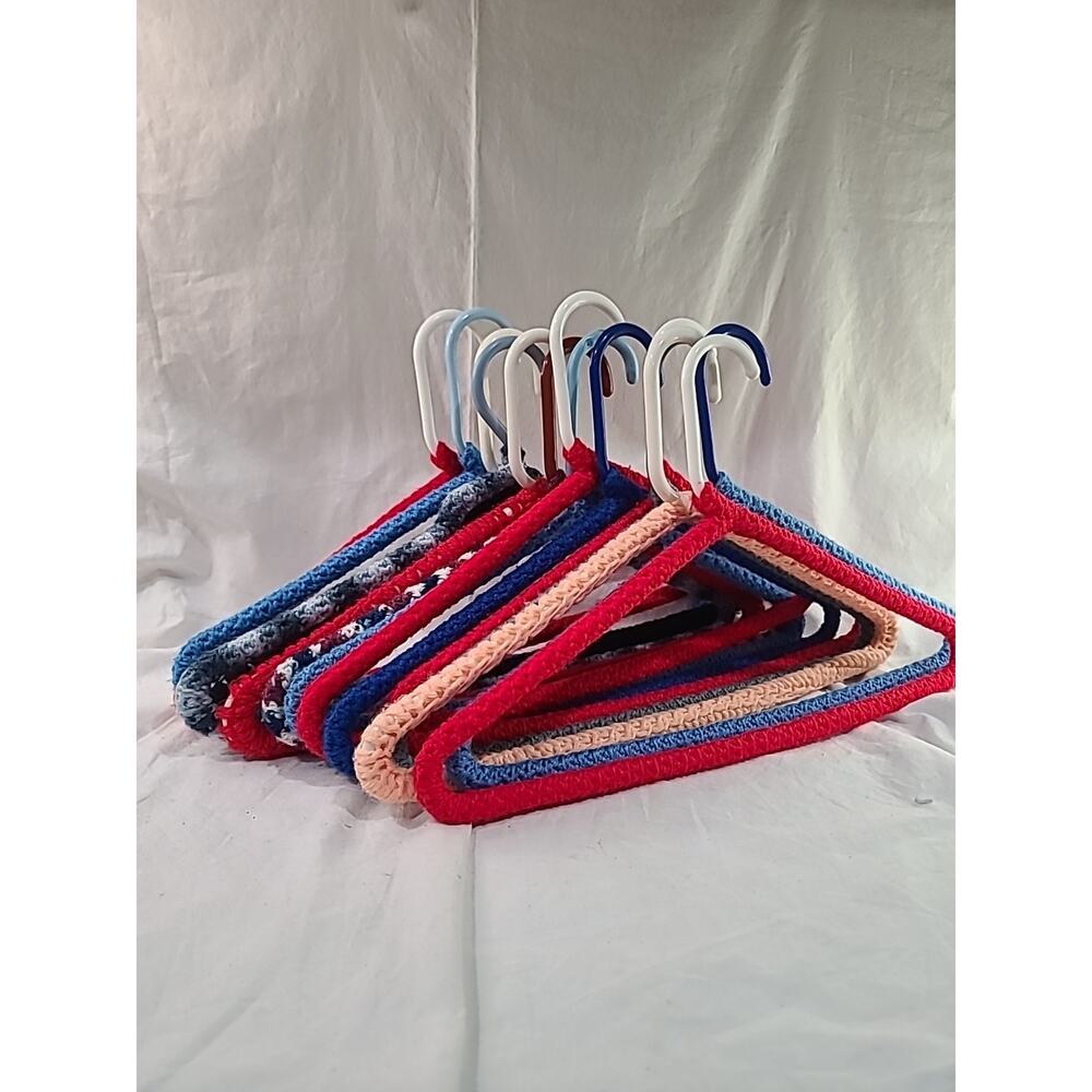 Vintage Hand Crocheted Knitted 14 Plastic Coat Hanger Fun Multicolor Red Blue Bl